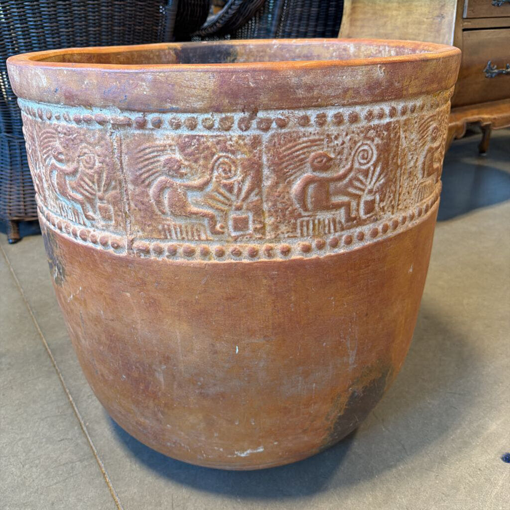 Terracotta Pot W/ Aztec Relief- 22.5X22H