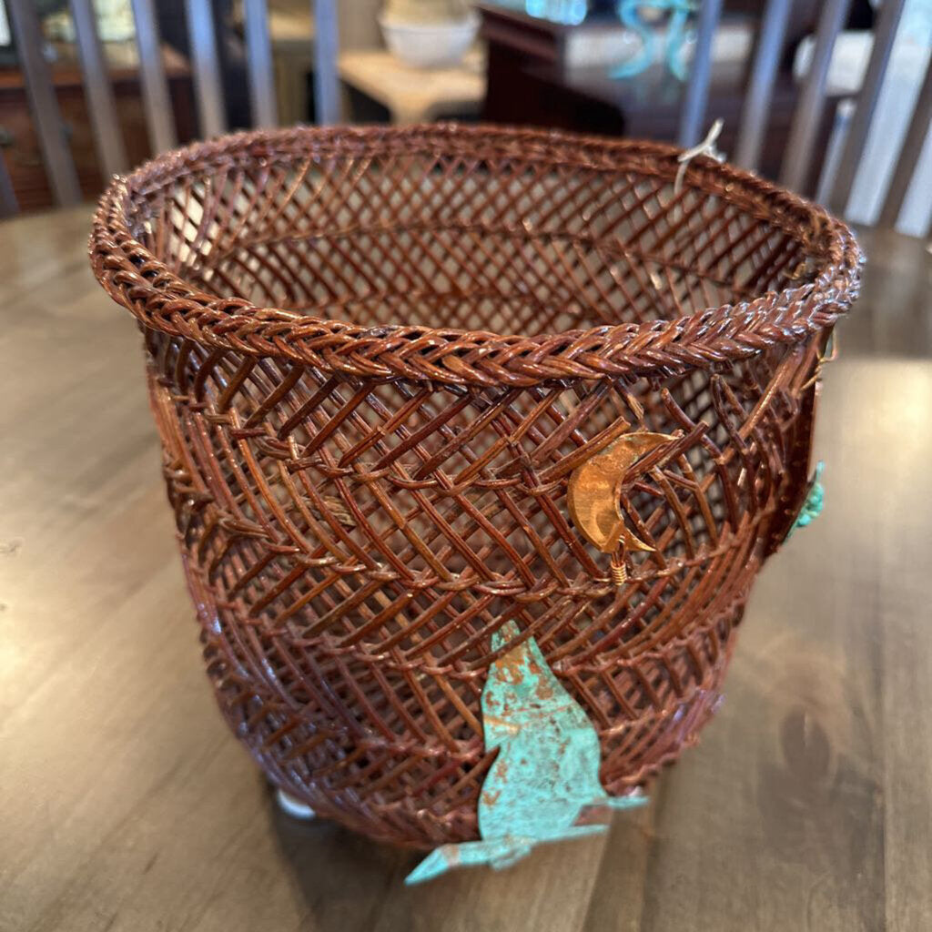 Wicker Basket W/ Copper & Turquoise Detailing - 9.5X9 - AS IS