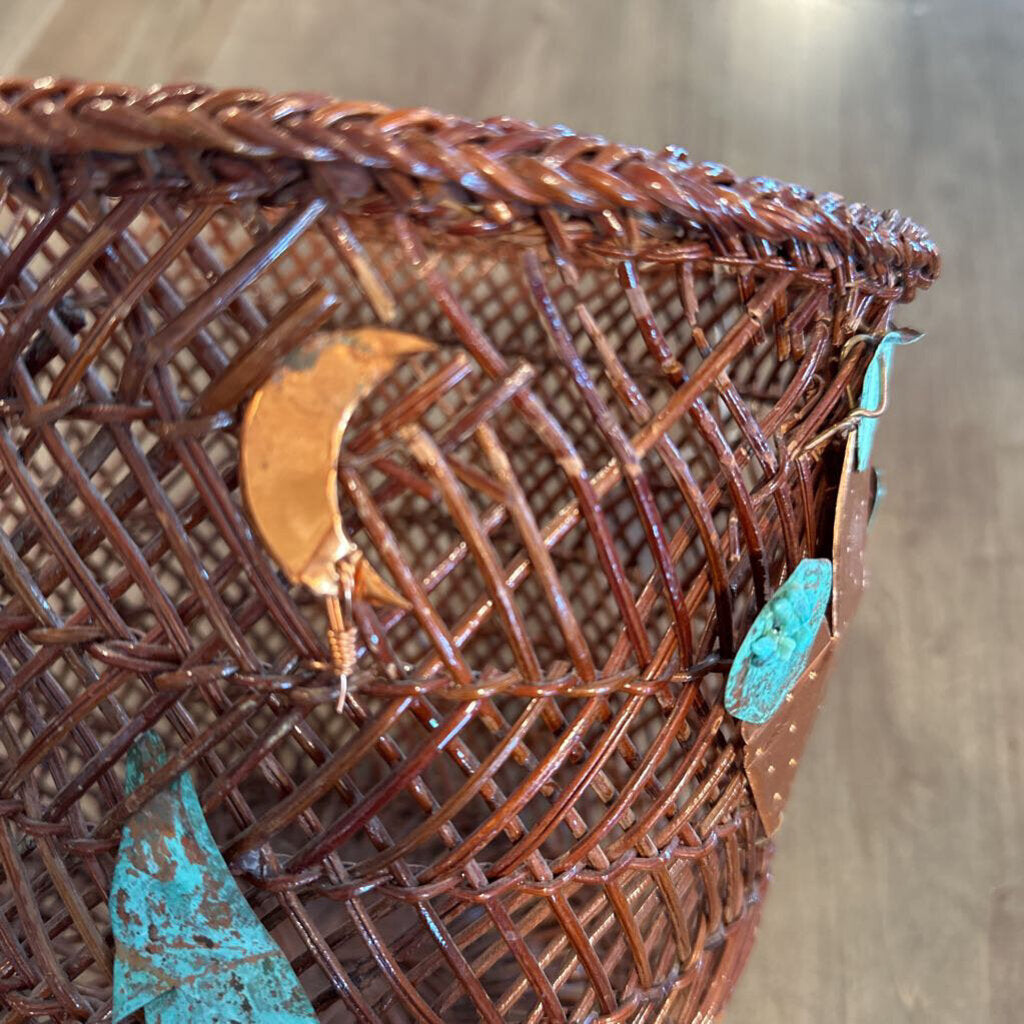 Wicker Basket W/ Copper & Turquoise Detailing - 9.5X9 - AS IS