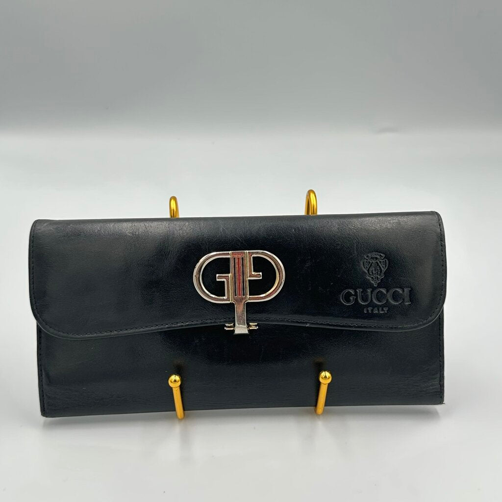 Vintage 1970s Gucci Black Leather Continental Wallet Enamel Interlocking G
