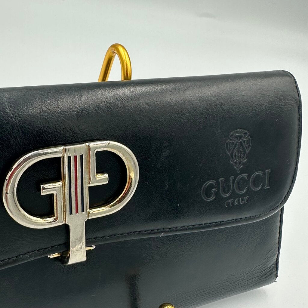 Vintage 1970s Gucci Black Leather Continental Wallet Enamel Interlocking G