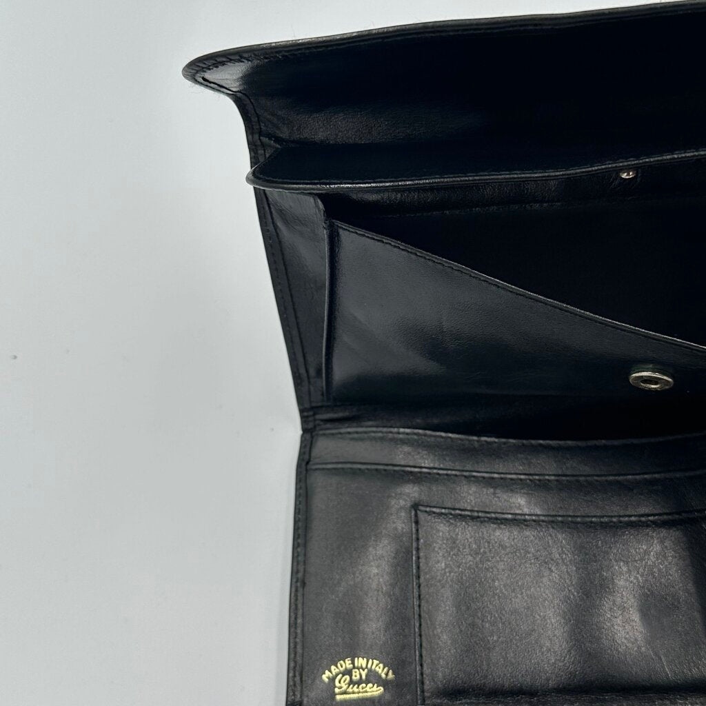 Vintage 1970s Gucci Black Leather Continental Wallet Enamel Interlocking G