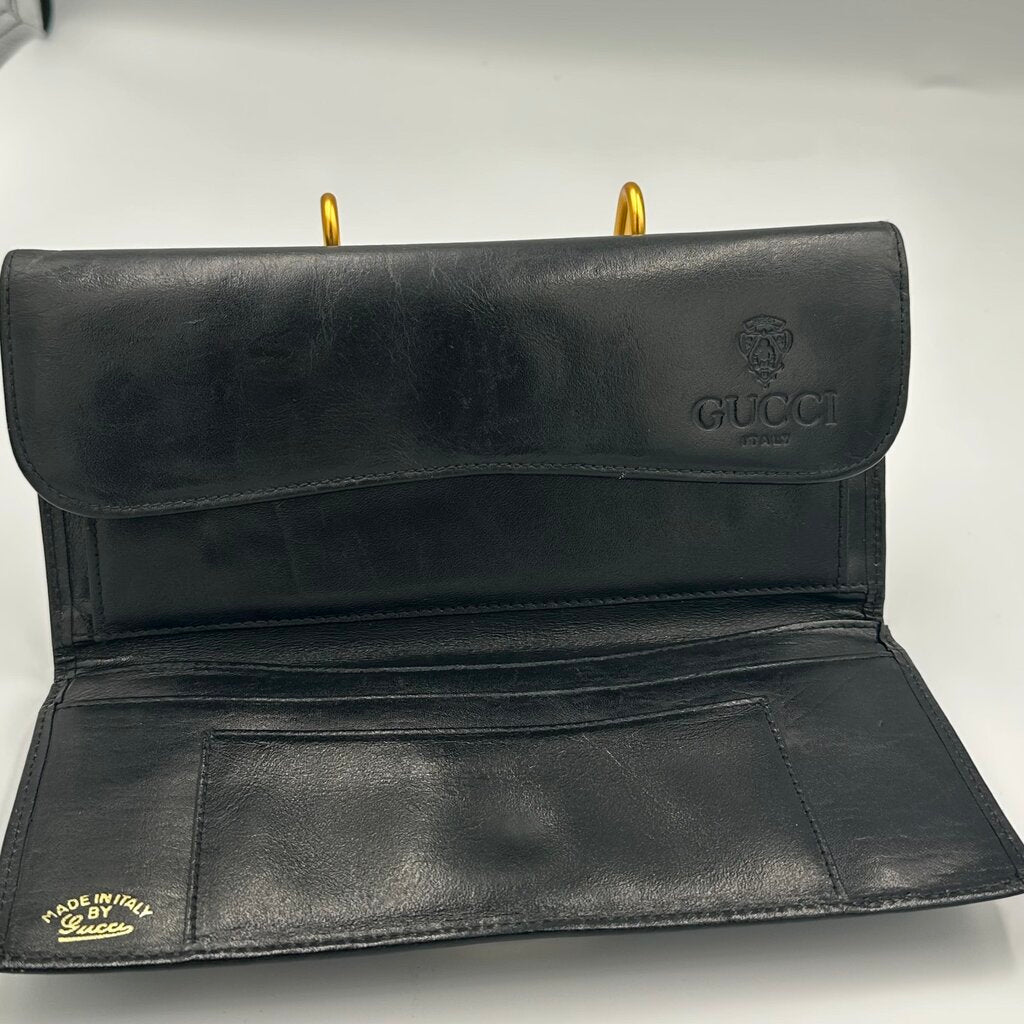 Vintage 1970s Gucci Black Leather Continental Wallet Enamel Interlocking G