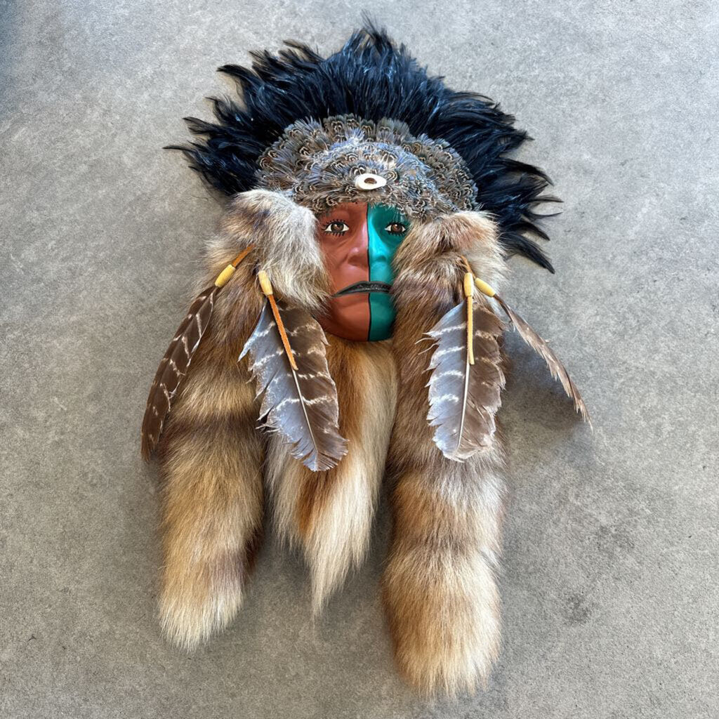Painted Native American Mask W/ Fur & Feathers- 15X23H