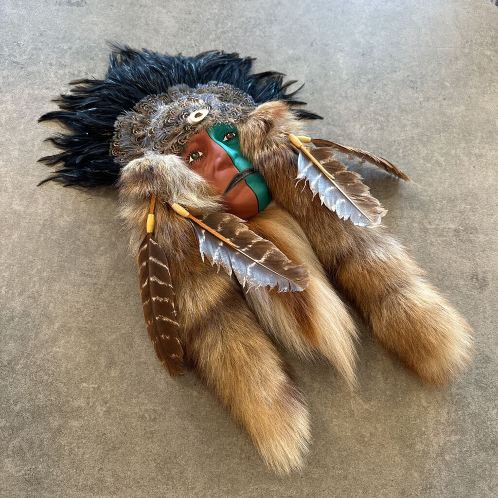 Painted Native American Mask W/ Fur & Feathers- 15X23H