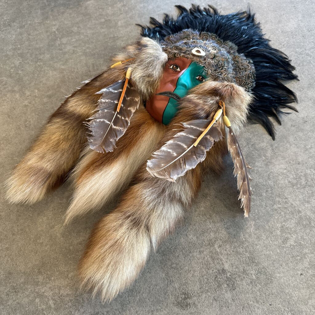 Painted Native American Mask W/ Fur & Feathers- 15X23H