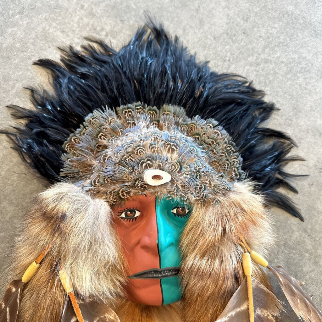 Painted Native American Mask W/ Fur & Feathers- 15X23H