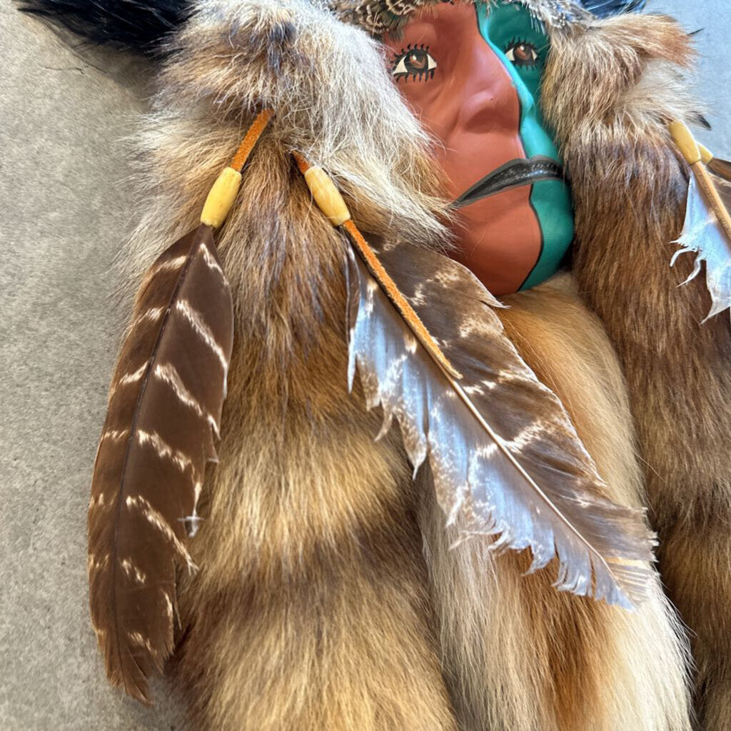 Painted Native American Mask W/ Fur & Feathers- 15X23H