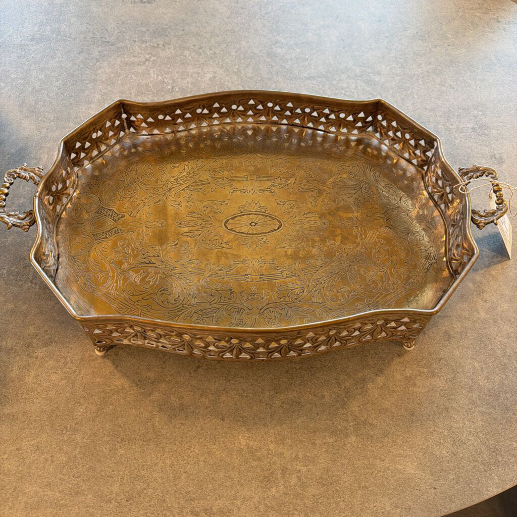 Vintage Ornate "Silver" Tray W/ Handles- 21.5X13X3.5H