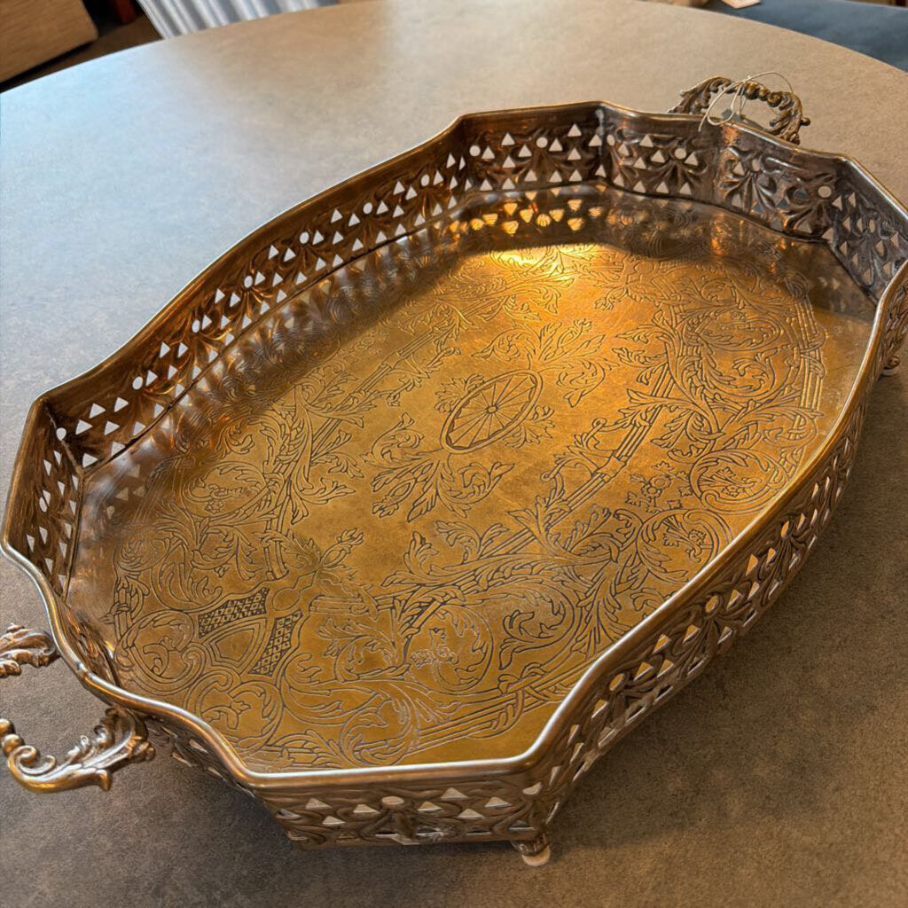Vintage Ornate "Silver" Tray W/ Handles- 21.5X13X3.5H
