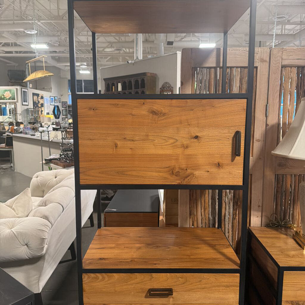 Crate & Barrel Knox Black Trim & Walnut Tall Storage Bookshelf- 28X18X78H