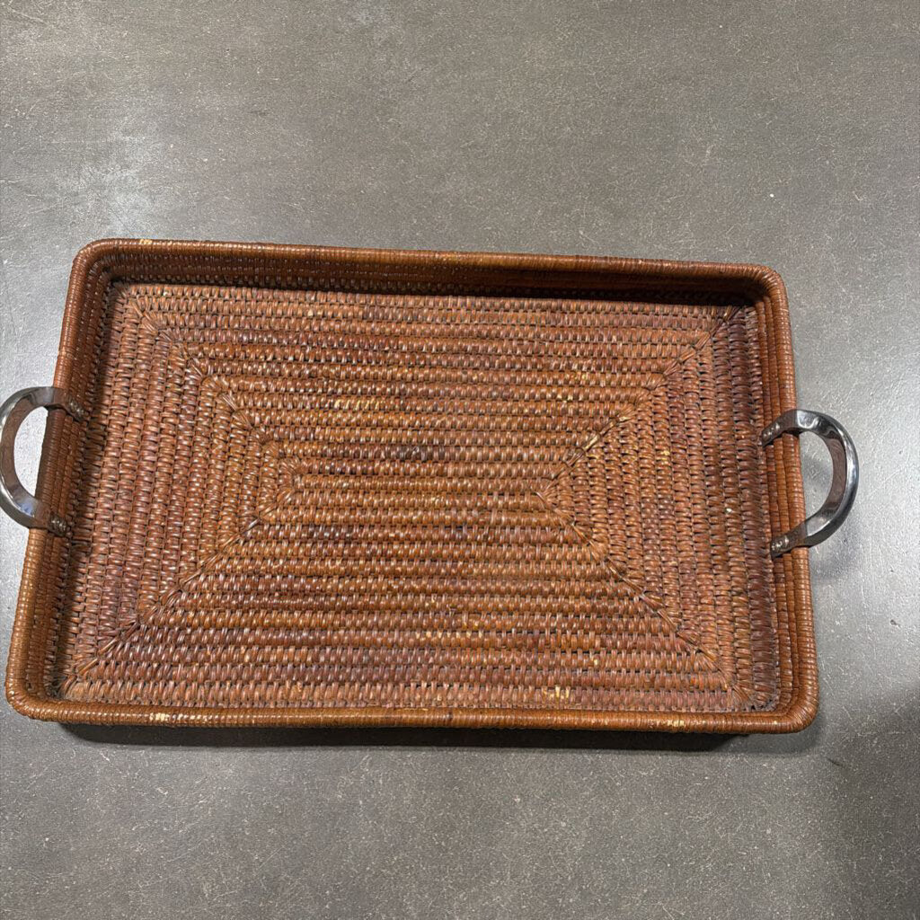 Rectangular Woven Tray W/ Pewter Handles- 30X18X3H