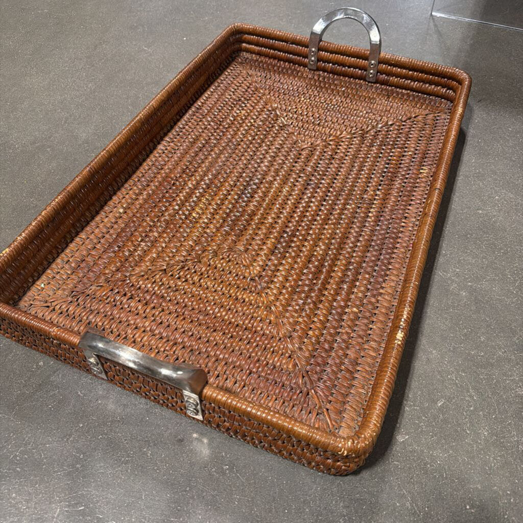 Rectangular Woven Tray W/ Pewter Handles- 30X18X3H