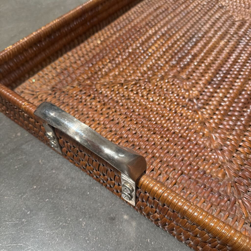 Rectangular Woven Tray W/ Pewter Handles- 30X18X3H