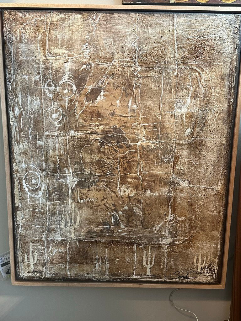 Tan Abstract Painting W/ Saguaro by Sarah-26X32H