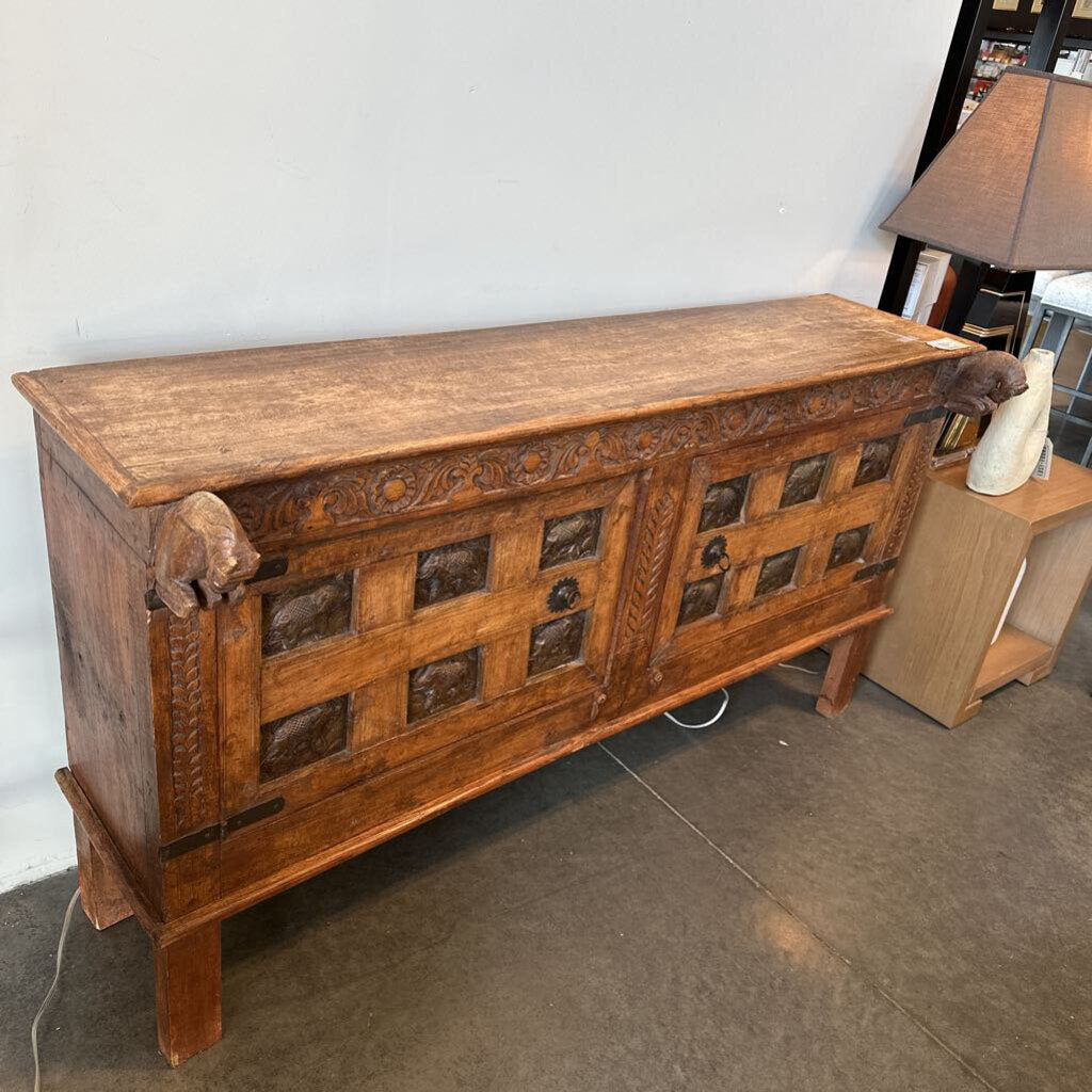 Vintage Wood Console W/ Elephants- 61.5X18.5X34H