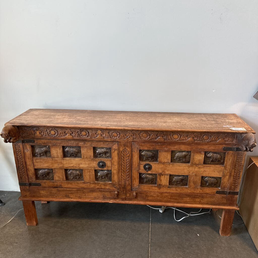 Vintage Wood Console W/ Elephants- 61.5X18.5X34H