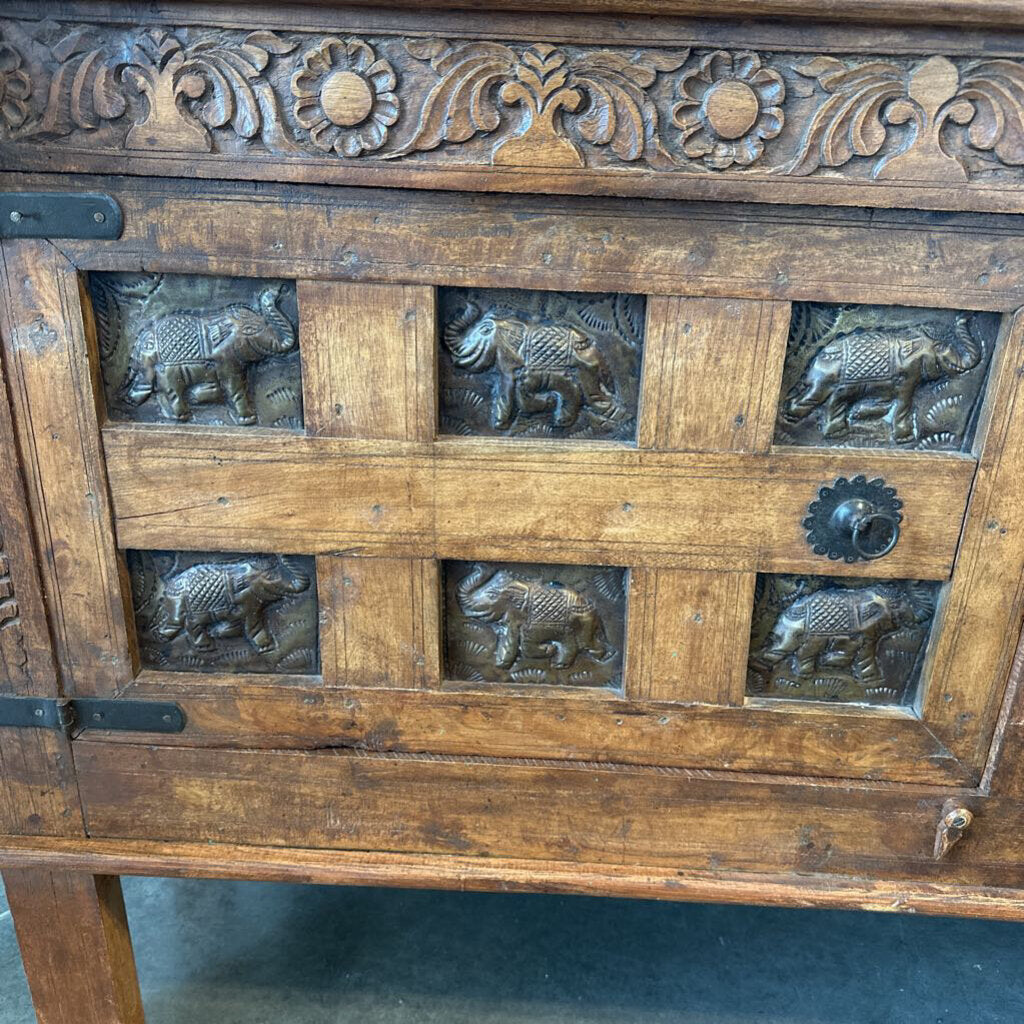 Vintage Wood Console W/ Elephants- 61.5X18.5X34H