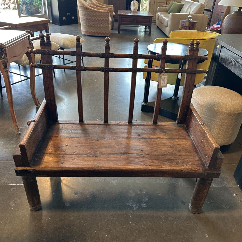 Antique Teak Bench W/ Spindle Back- 43X21.5X36H