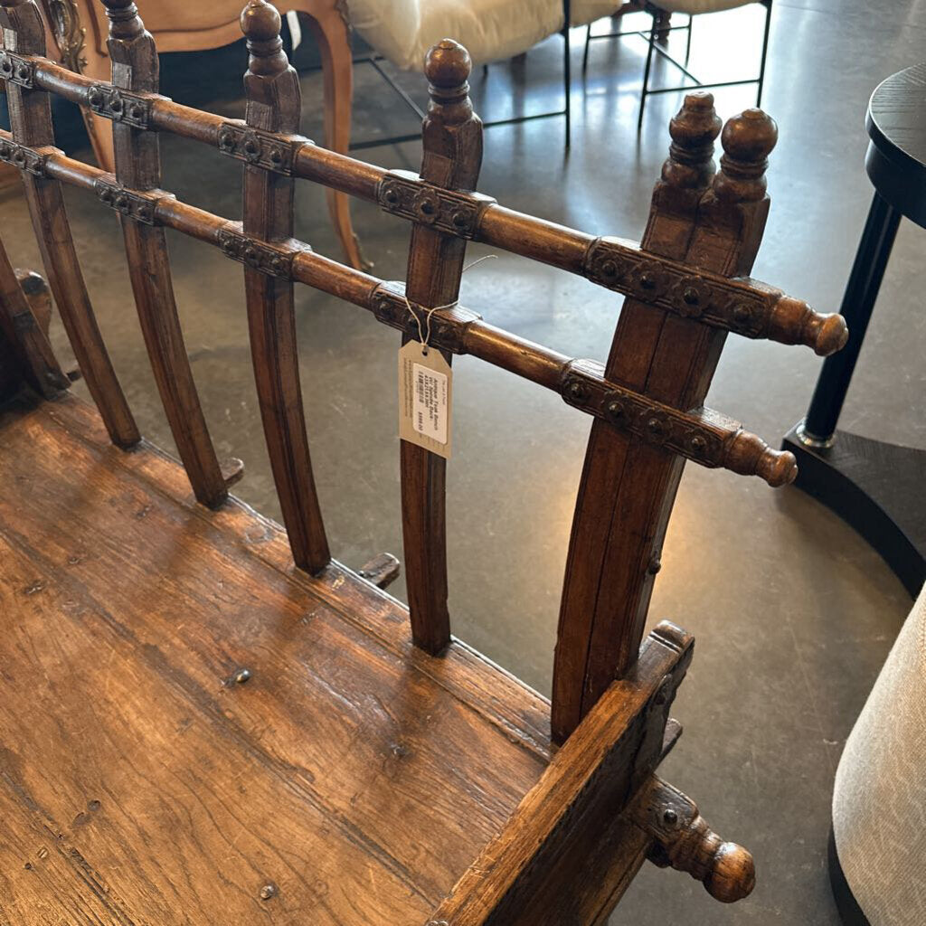Antique Teak Bench W/ Spindle Back- 43X21.5X36H
