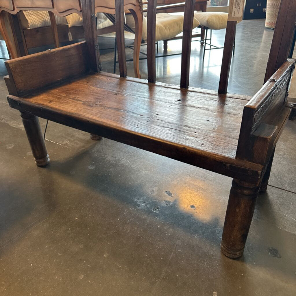 Antique Teak Bench W/ Spindle Back- 43X21.5X36H