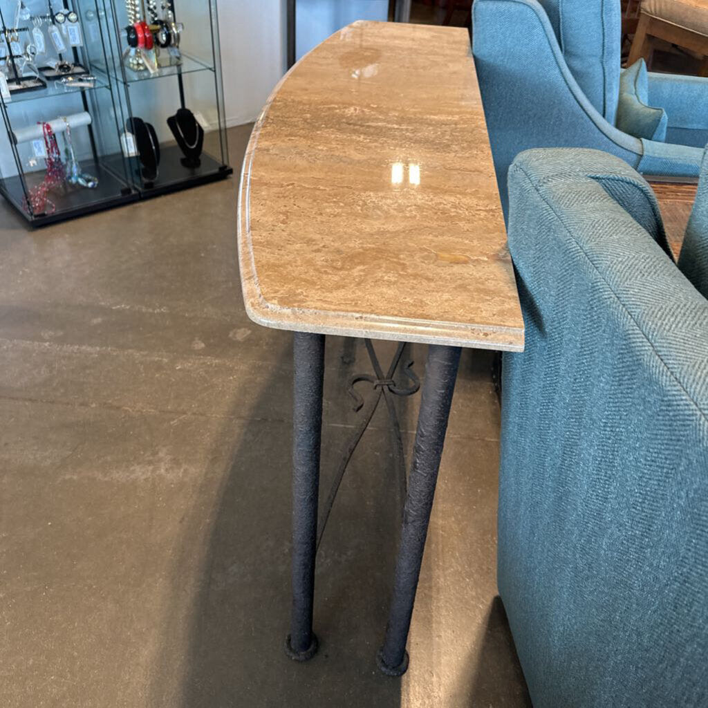 Travertine & Iron Demilune Console Table- 54x16x32.5