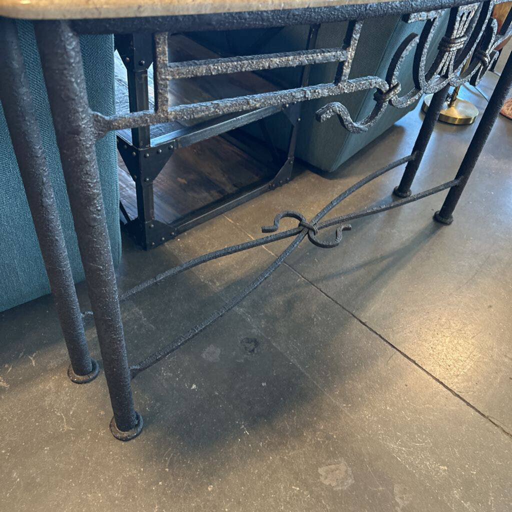 Travertine & Iron Demilune Console Table- 54x16x32.5