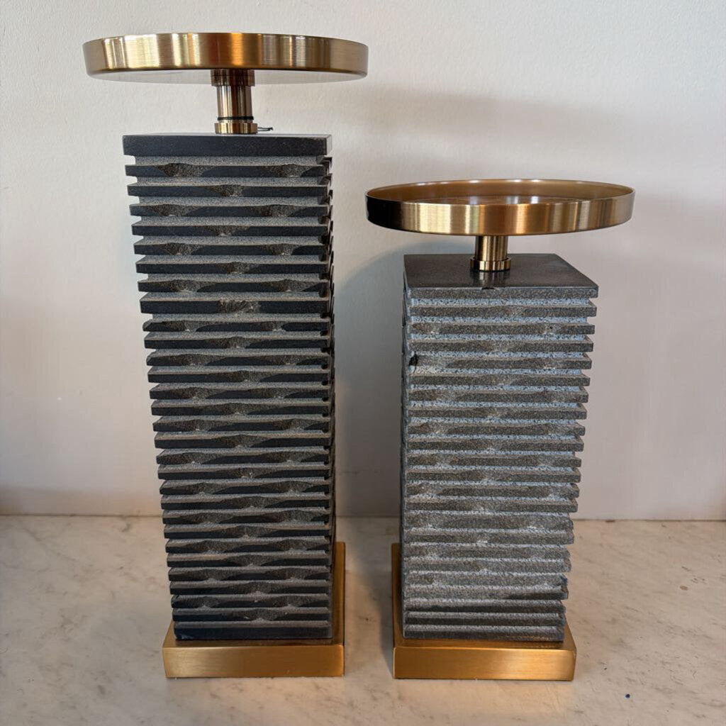 Uttermost Stacked Stone Candle Holders- Pair- 6X6X15H; 6X6X12H- AS IS