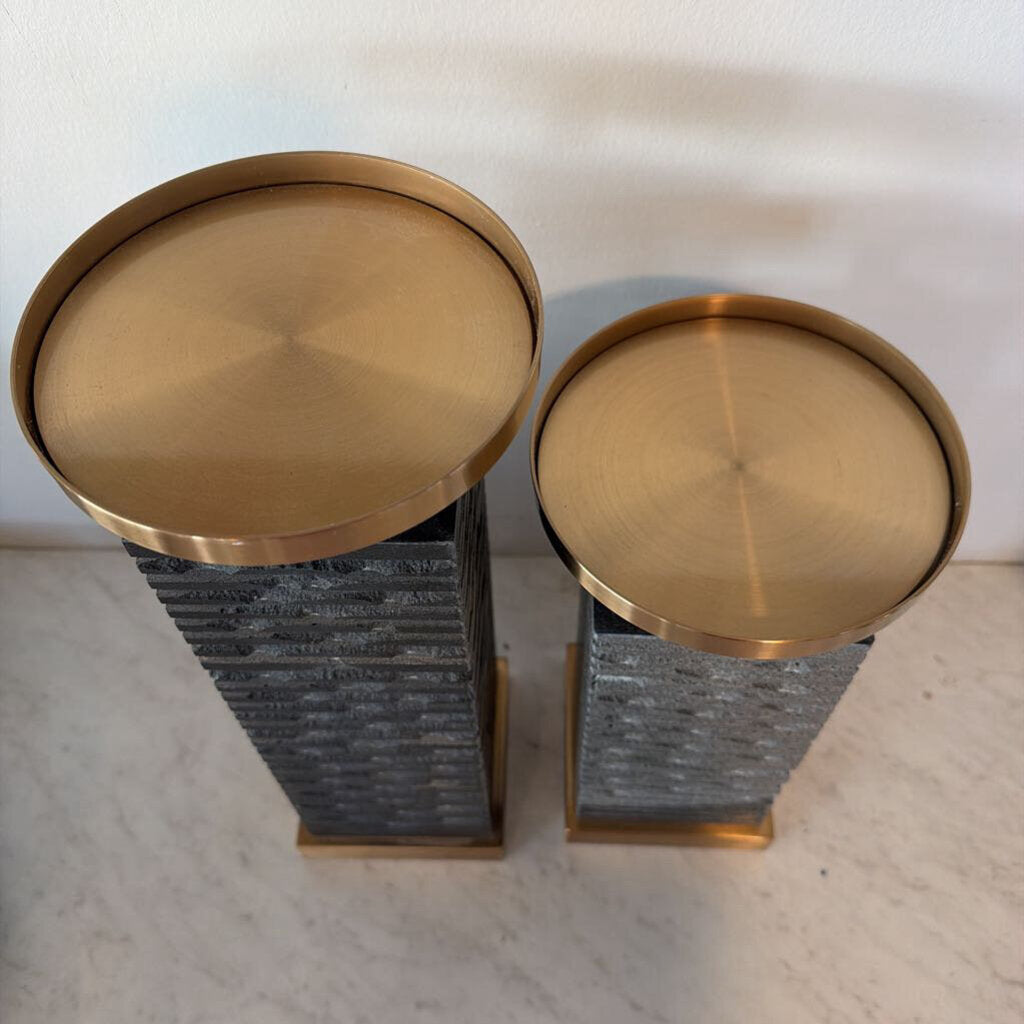 Uttermost Stacked Stone Candle Holders- Pair- 6X6X15H; 6X6X12H- AS IS