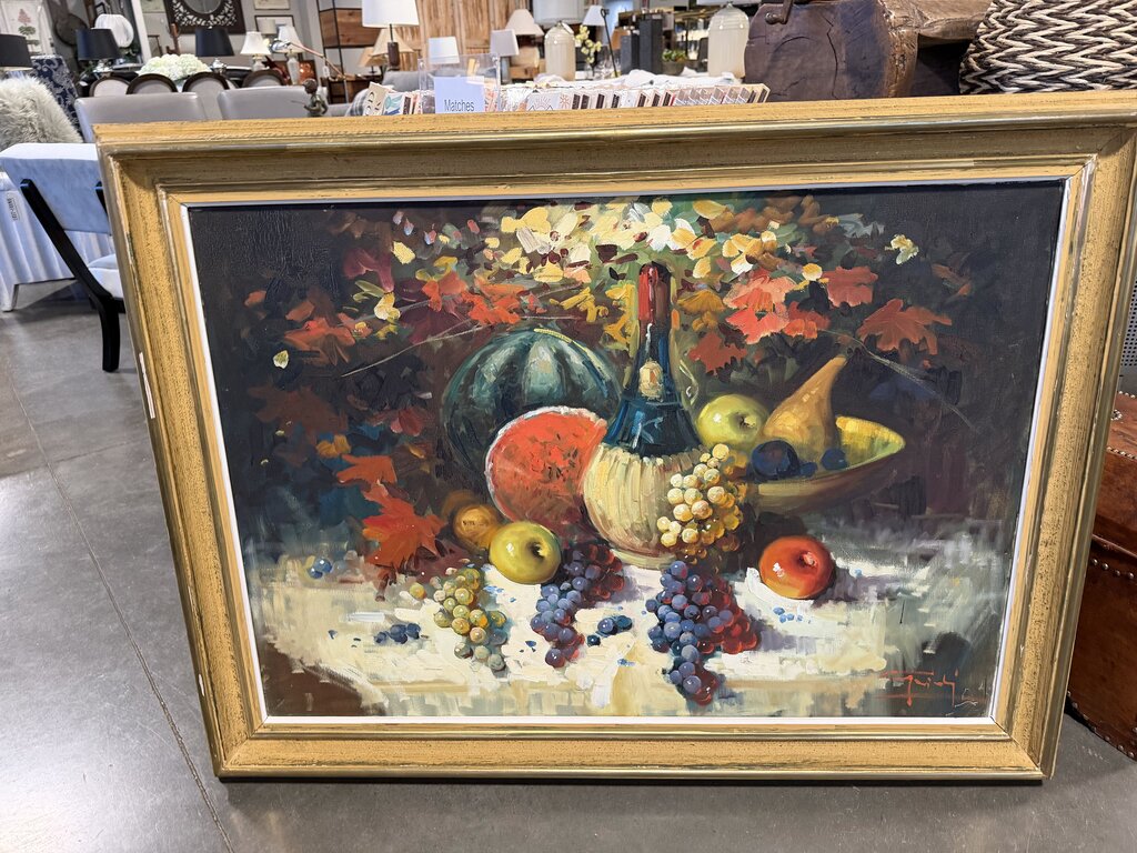 Vintage Signed Still Life Art In Vintage Gold Frame- 46X34H- AS IS