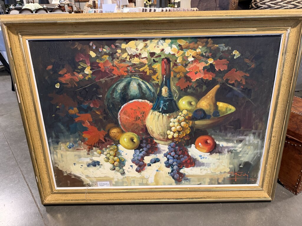 Vintage Signed Still Life Art In Vintage Gold Frame- 46X34H- AS IS