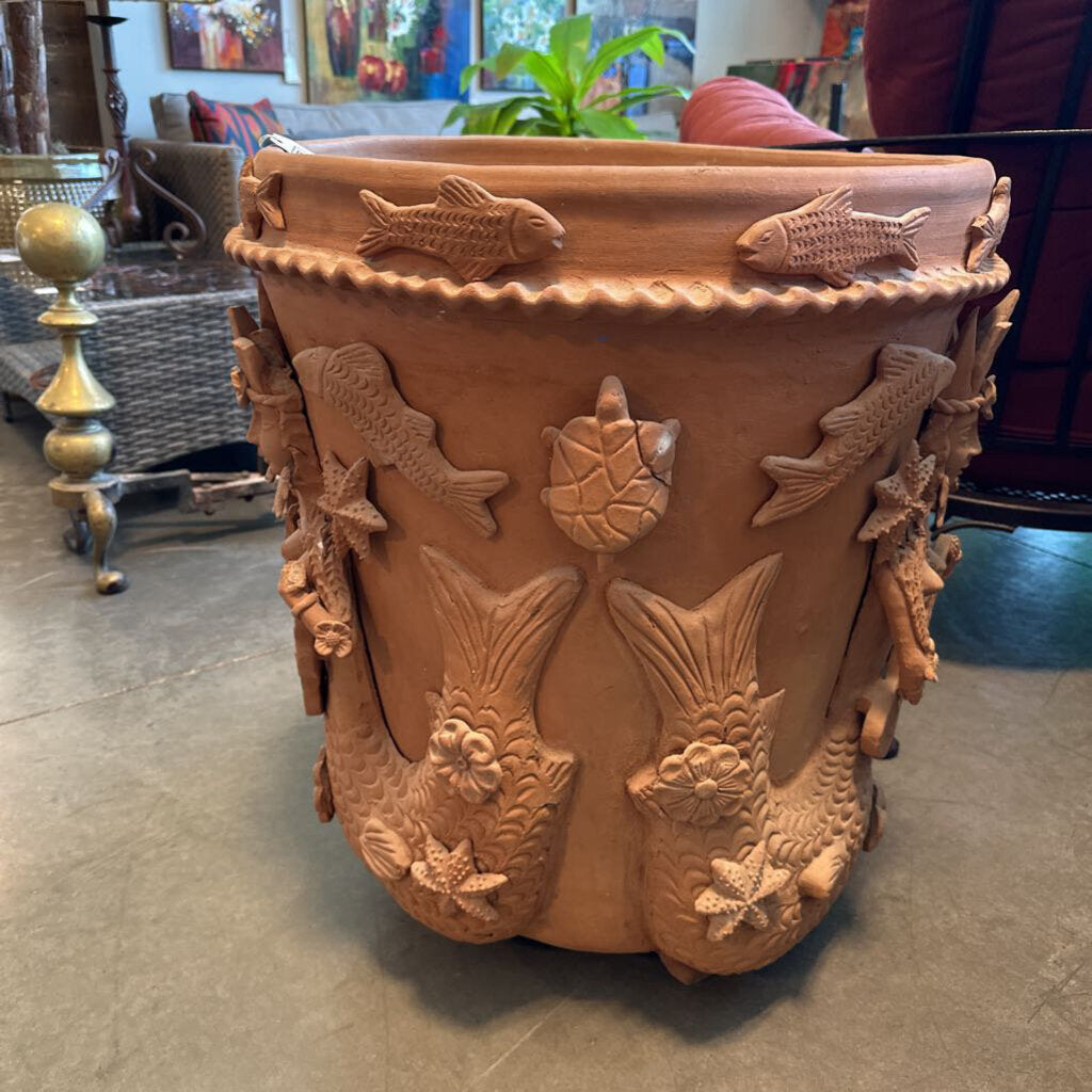 Terracotta Pot W/ Mermaid Relief- 24X27.5H AS IS