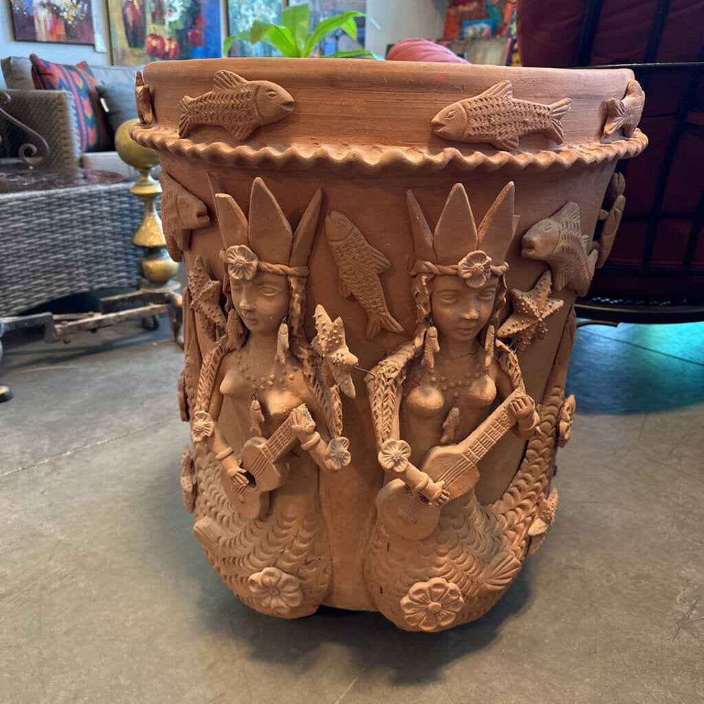 Terracotta Pot W/ Mermaid Relief- 24X27.5H AS IS