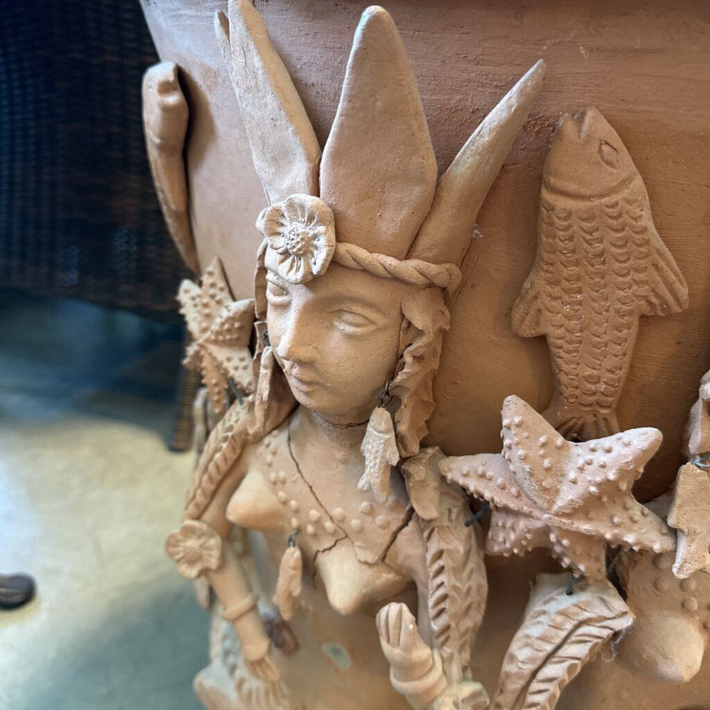 Terracotta Pot W/ Mermaid Relief- 24X27.5H AS IS