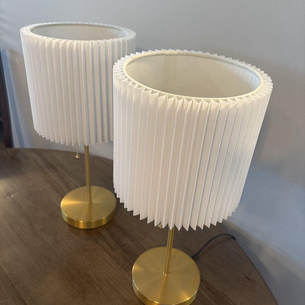 Brass Table Lamps W/ Pleated Shade- 6X14.5H- Pair