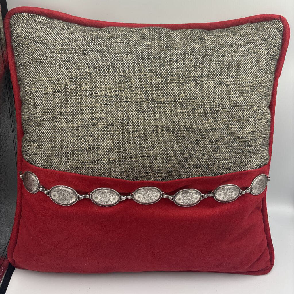 Grey & Red Suede Pillow W/Chain Silver Metal Belt - 17X17