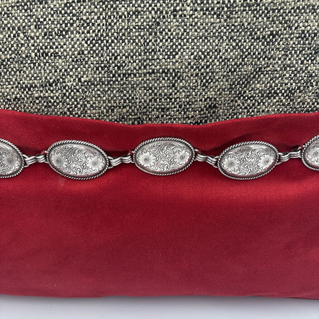 Grey & Red Suede Pillow W/Chain Silver Metal Belt - 17X17
