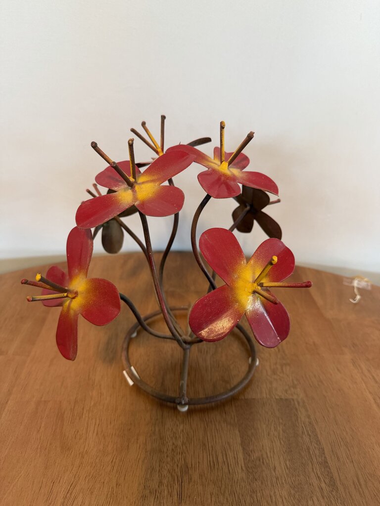 Painted Metal Garden Flowers W/ 7 Red Blooms- 10X10X10H