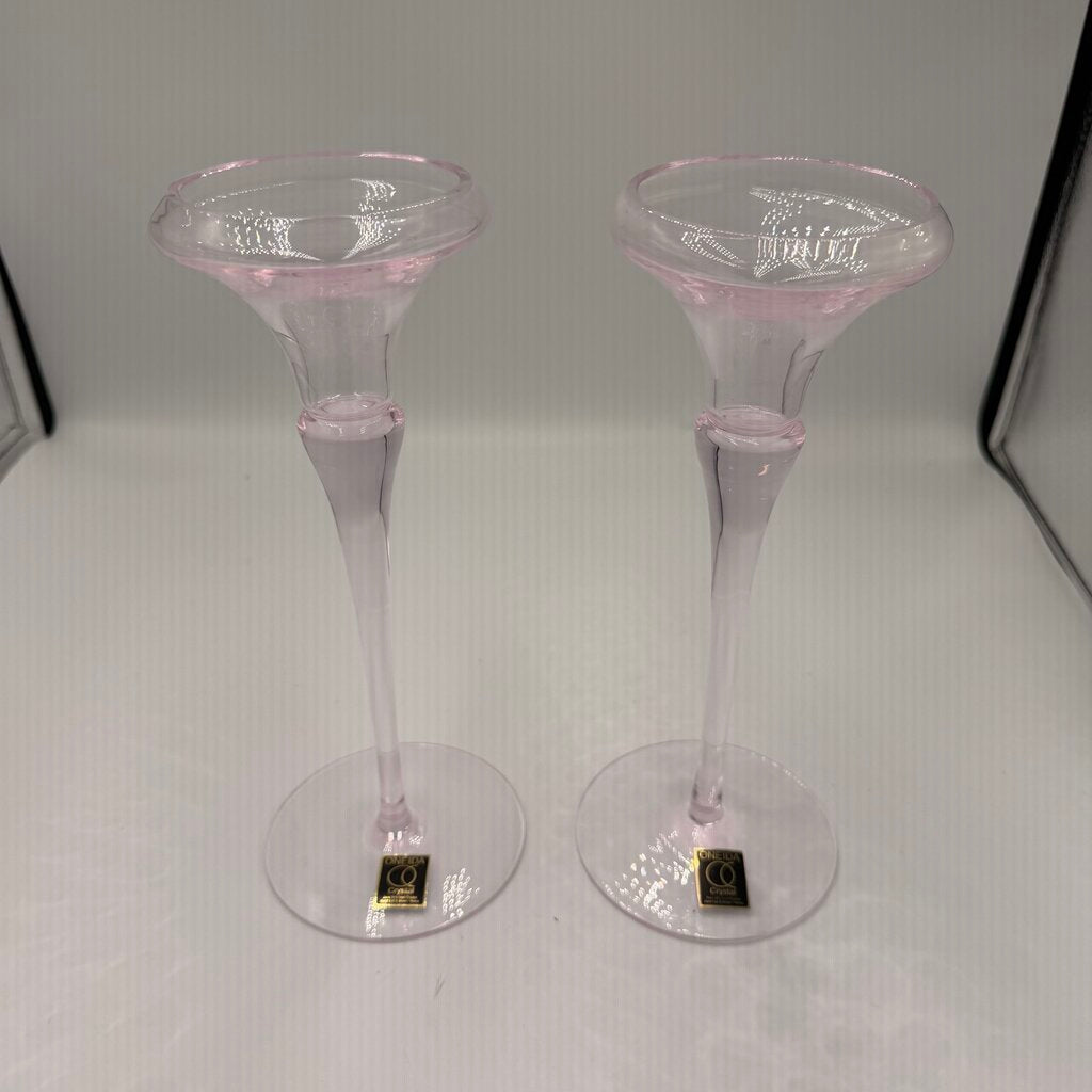 Oneida Pink Crystal Candlesticks - Pair - 4X9.5H