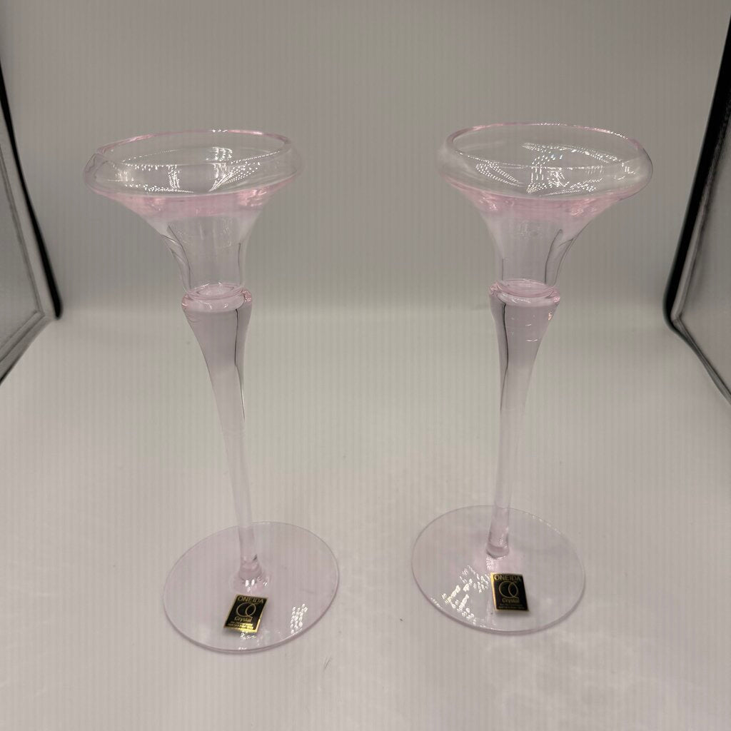 Oneida Pink Crystal Candlesticks - Pair - 4X9.5H