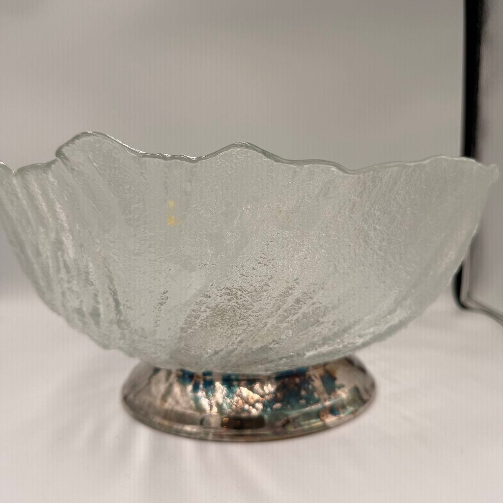 Cabbage Leaf Pressed Glass Bowl on Silver Base - 6X12.5