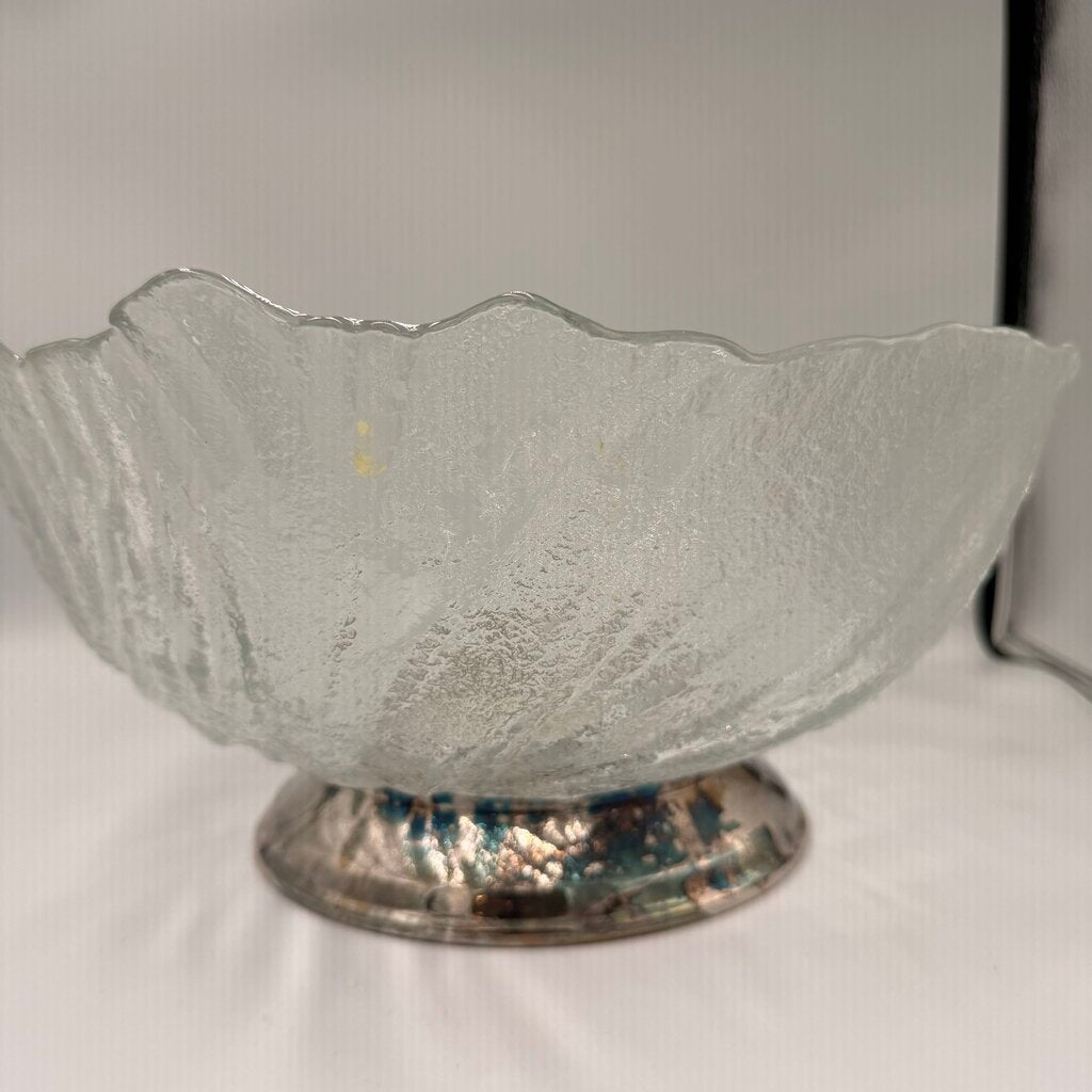 Cabbage Leaf Pressed Glass Bowl on Silver Base - 6X12.5