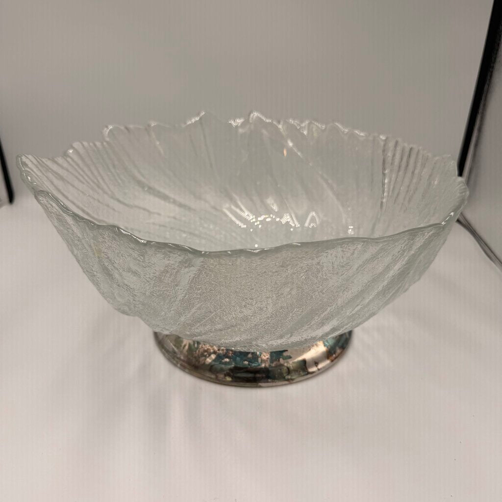Cabbage Leaf Pressed Glass Bowl on Silver Base - 6X12.5