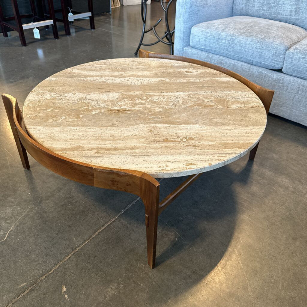 Vintage Travertine & Walnut Coffee Table - 40X38.5X15H