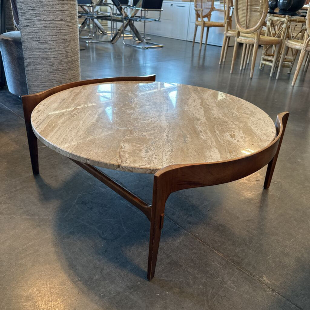 Vintage Travertine & Walnut Coffee Table - 40X38.5X15H