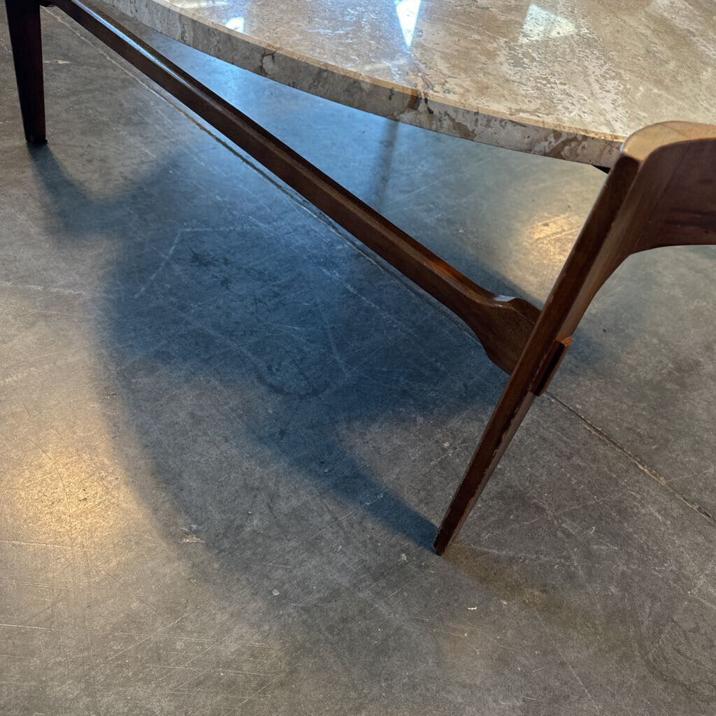 Vintage Travertine & Walnut Coffee Table - 40X38.5X15H