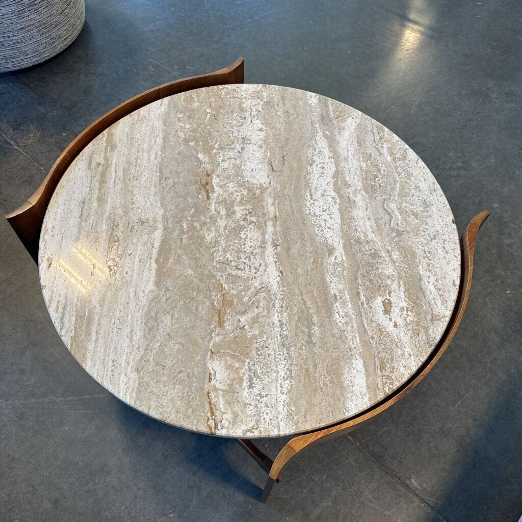 Vintage Travertine & Walnut Coffee Table - 40X38.5X15H