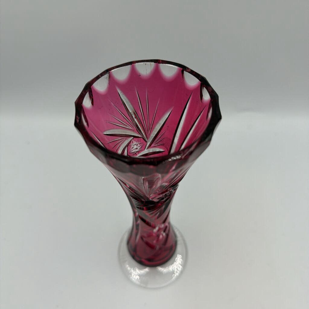 Vintage Bohemian Red To Clear Cut Crystal Vase- 2.5X8