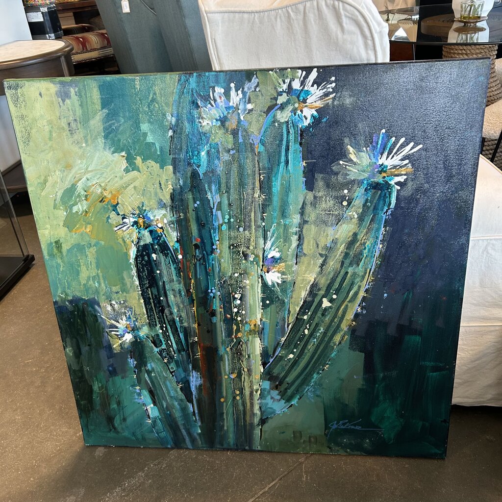 Original Green/Blue Saguaro W/ Flowers By Jack Rickard - 36X36