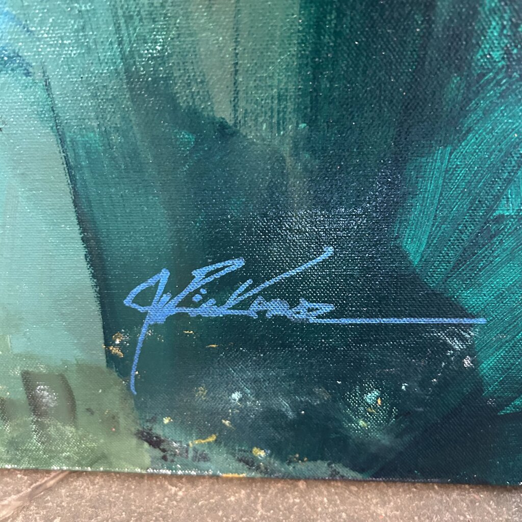 Original Green/Blue Saguaro W/ Flowers By Jack Rickard - 36X36